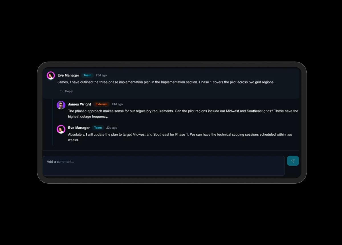 Threaded comments between Eve Manager and James Wright planning the implementation.